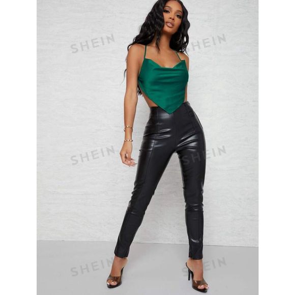 Shein Medium Satin Cowl Neck Cross Back Tie Bandana Hem Top - Picture 1 of 4